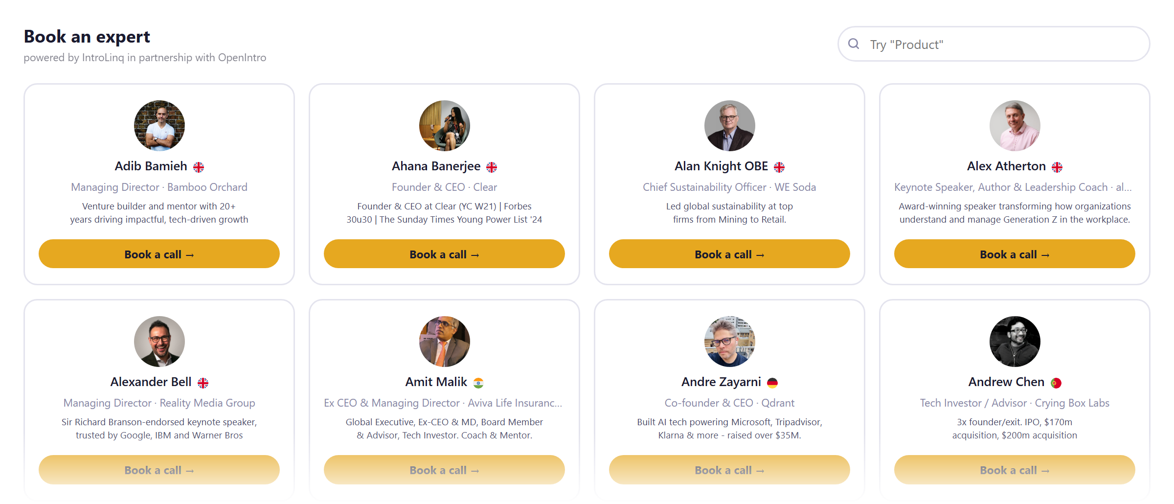 The IntroLinq Expert Board - a searchable grid of vetted experts, each with a Book a call button