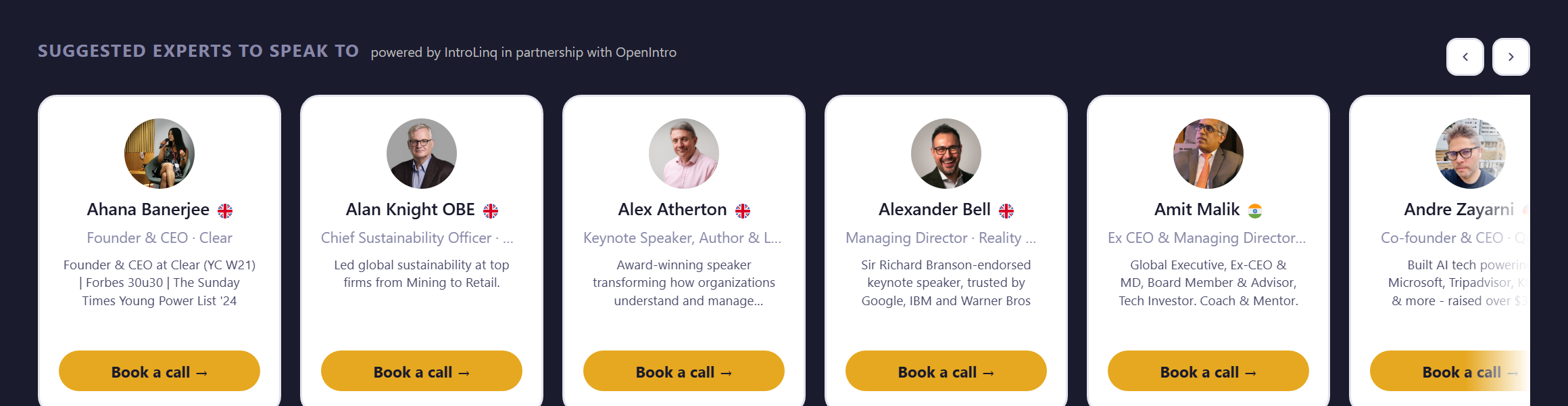 The IntroLinq Expert Carousel - a row of vetted experts with Book a call buttons
