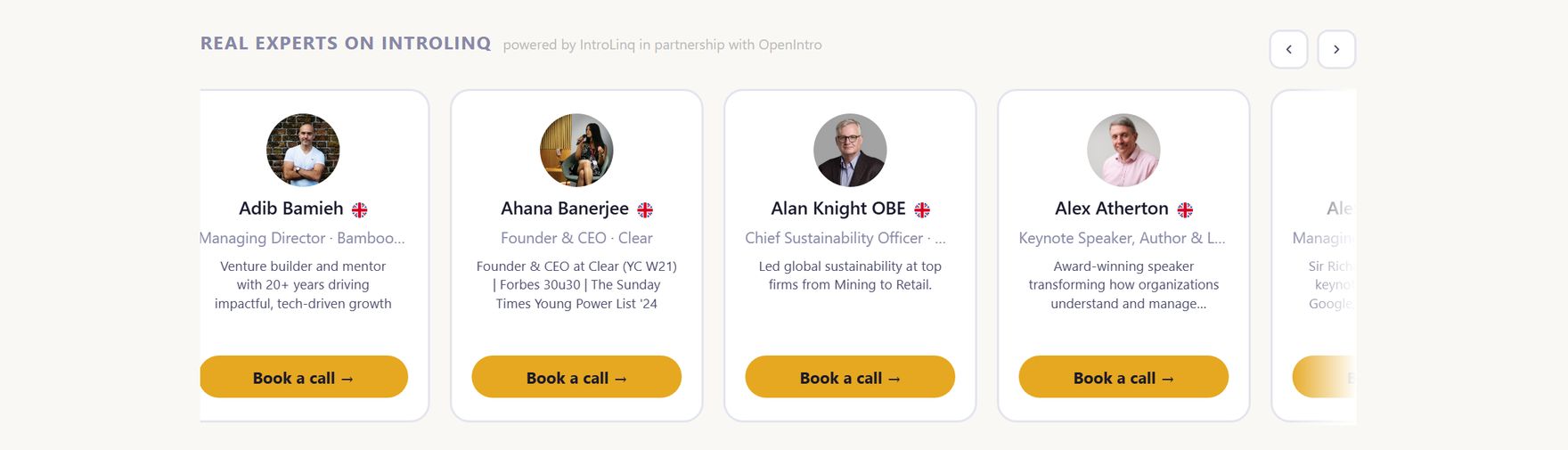 The IntroLinq Expert Carousel with real experts: Adib Bamieh, Ahana Banerjee, Alan Knight OBE, Alex Atherton